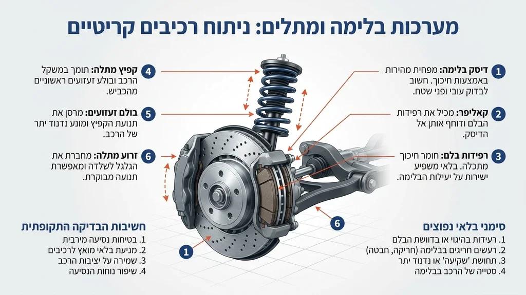אחרי הפסקה על מערכות קריטיות, בלמים ומתלים בדיקת צלחות בלם ומערכת מתלים על ליפט במוסך