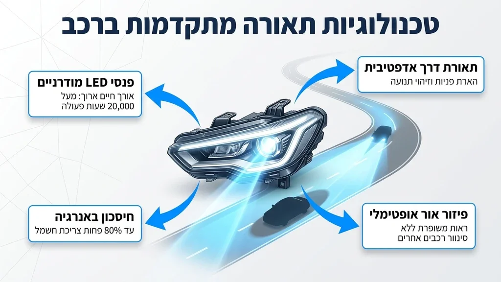 פנסי רכב מודרניים מאירים בחושך כדי להמחיש תאורה לרכב תאורה לרכב במצב תקין המאירה את הדרך בלילה