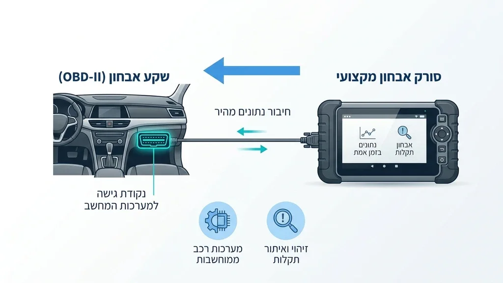 אחרי הפסקה הראשונה תחת הכותרת התפתחות מערכות המחשוב ברכבים מודרניים, ממחיש את החיבור של ציוד האבחון לרכב. סורק תקלות מחובר למחשב רכב