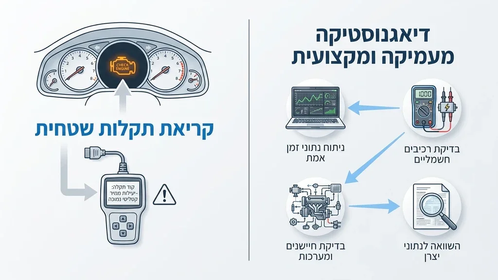 אחרי הפסקה הראשונה תחת הכותרת ההבדל בין קריאת תקלות לבין דיאגנוסטיקה מעמיקה, ממחיש את המורכבות של זיהוי תקלות בלוח המחוונים. נורת בדוק מנוע דולקת בלוח מחוונים