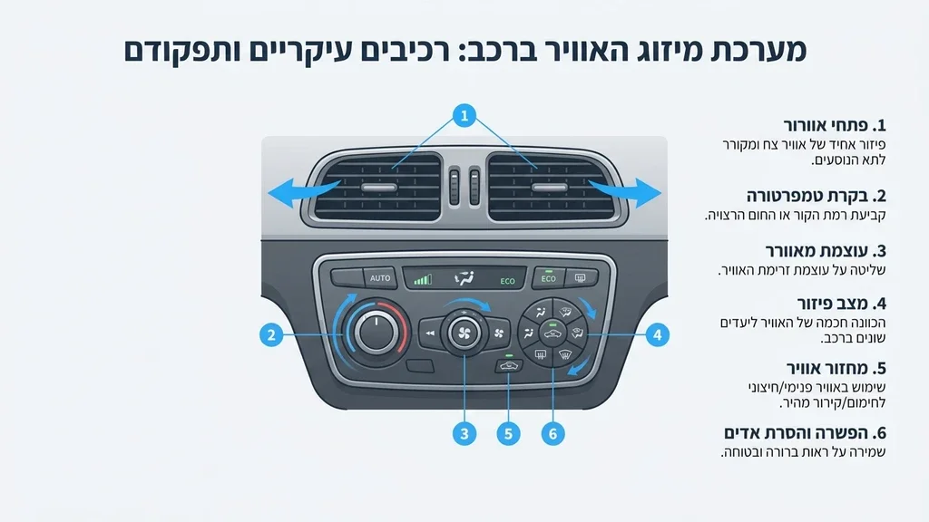 אחרי הכותרת חשיבותה של מערכת מיזוג אוויר תקינה - תמונה המציגה את פתחי האוורור ולוח הבקרה של המזגן ברכב. מערכת מיזוג אוויר לרכב