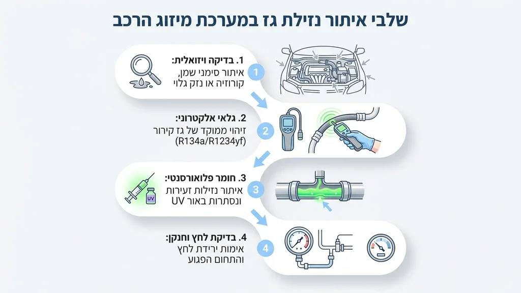 אחרי הכותרת תהליך איתור נזילת גז במערכת המיזוג - תמונה הממחישה שימוש בציוד אבחון מודרני לבדיקת תקינות מערכת המיזוג. איתור נזילת גז במזגן רכב